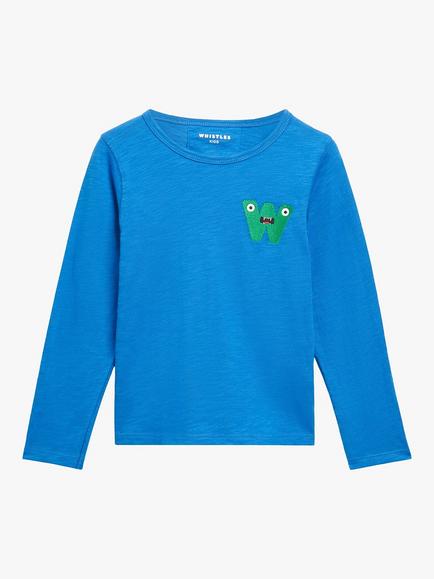 Whistles Kids' Monster Embroidered Long Sleeve Top, Blue, Blue
