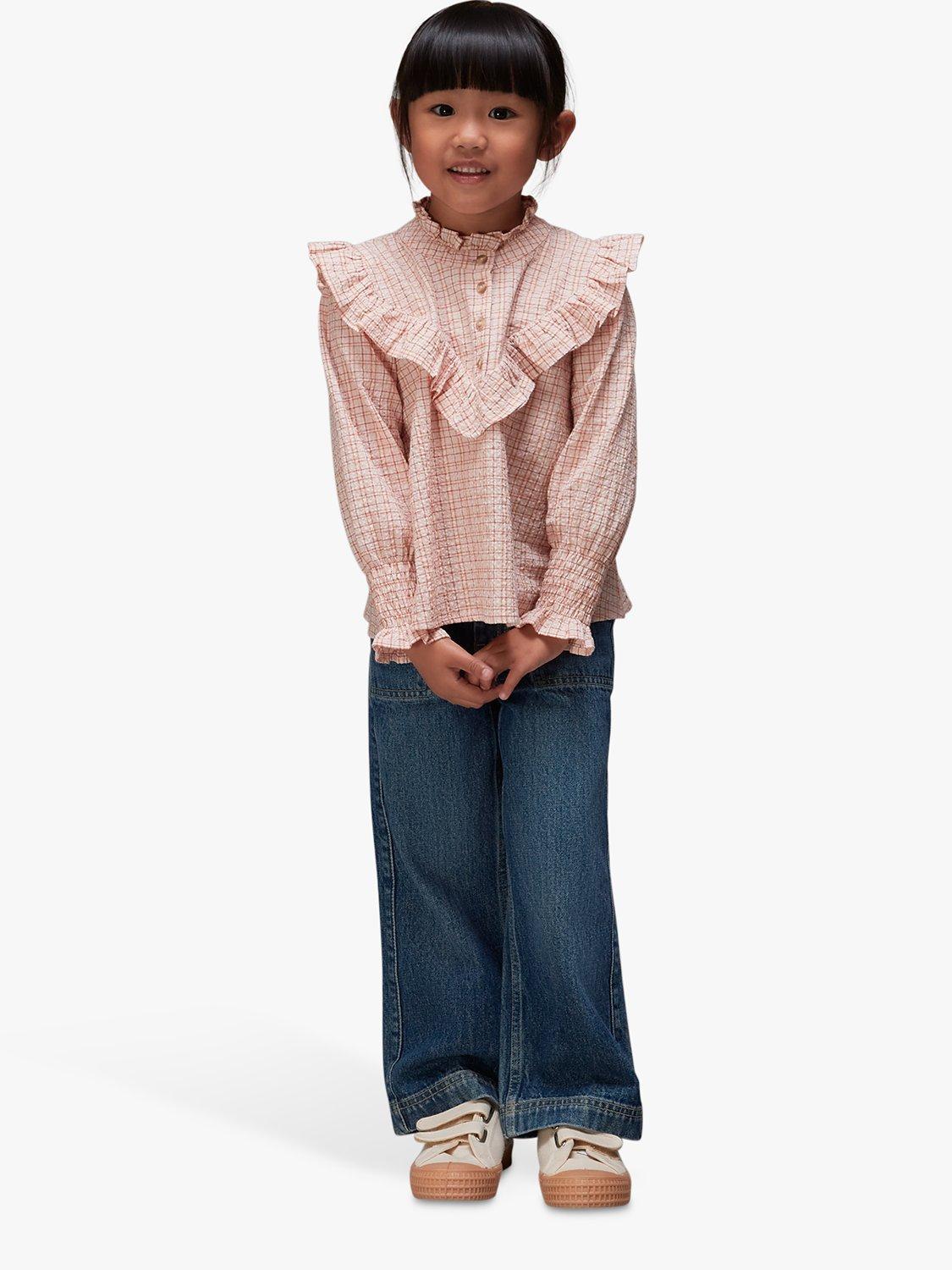 Product image 1 of 6, which shows Whistles Kids' Riley Check Frill Detail Top, Pale Pink/Multi, 5-6 years