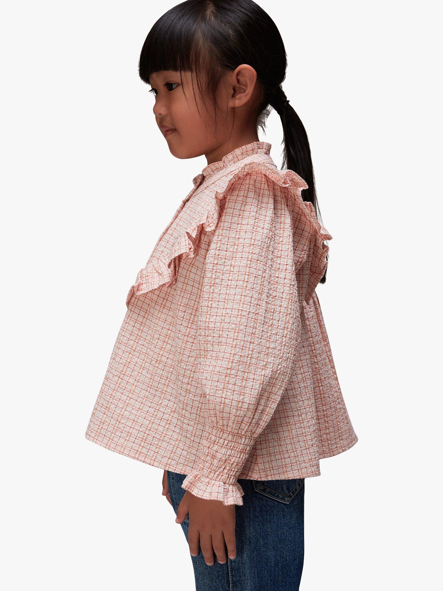 Product image 2 of 6, which shows Whistles Kids' Riley Check Frill Detail Top, Pale Pink/Multi, 5-6 years