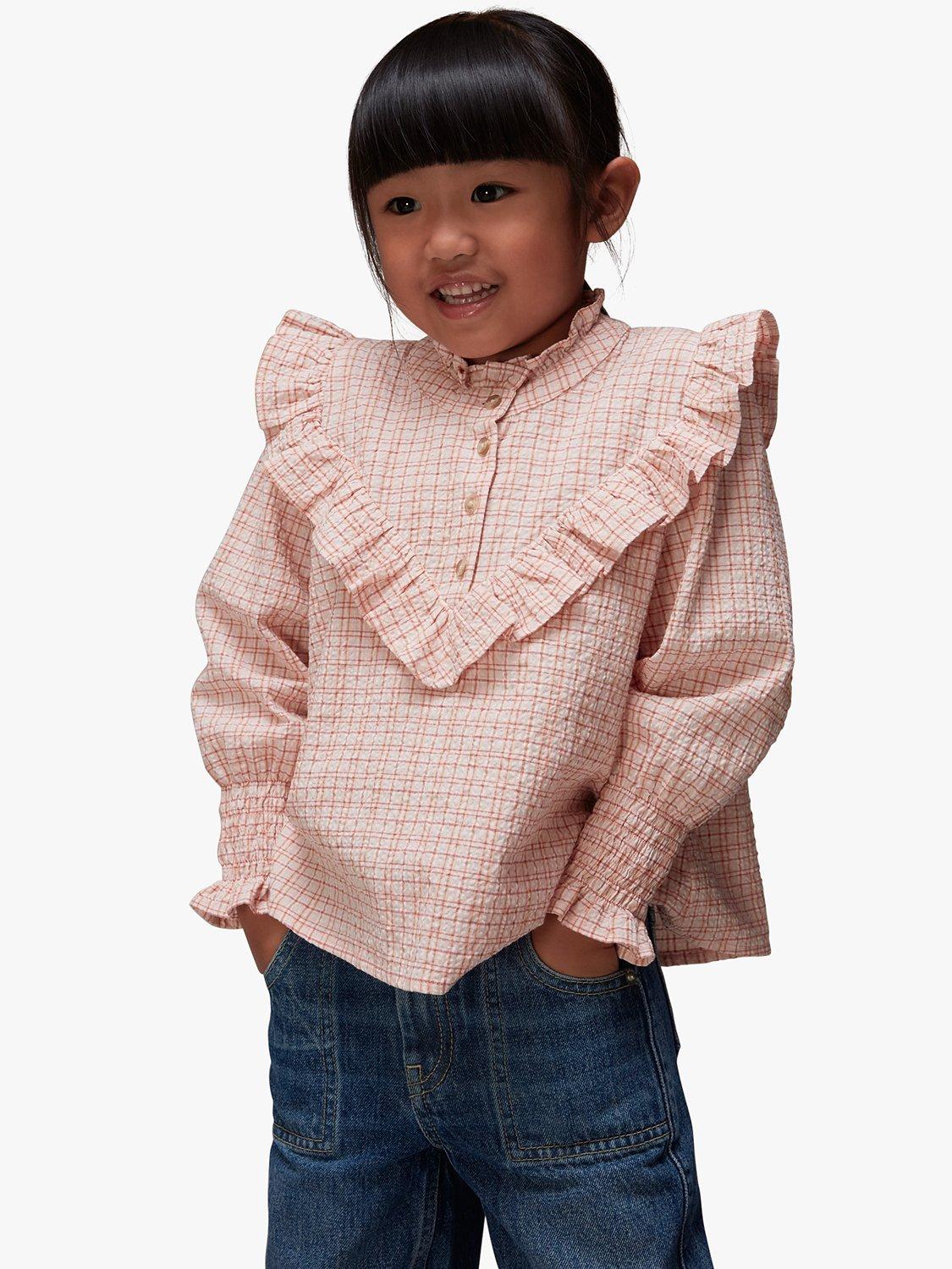 Product image 4 of 6, which shows Whistles Kids' Riley Check Frill Detail Top, Pale Pink/Multi, 5-6 years