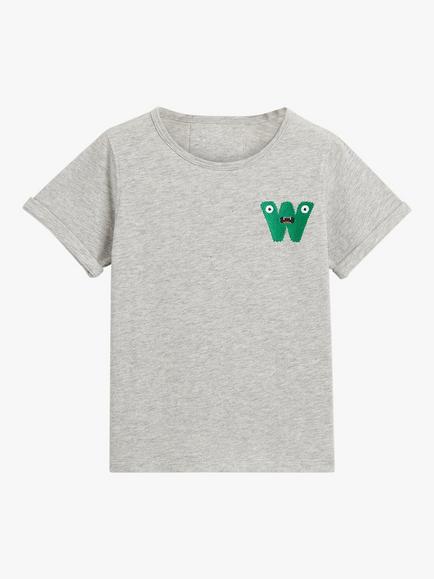 Whistles Kids' Organic Cotton Monster Embroidered T-Shirt, Grey Marl