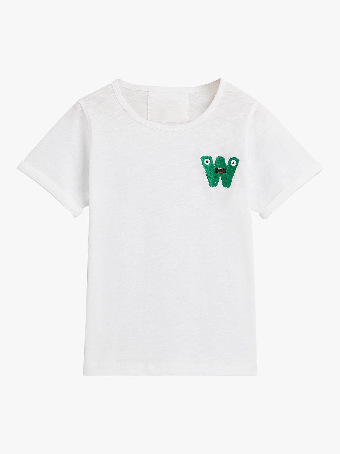 Product image 1 of 4, which shows Whistles Kids' Organic Cotton Monster Embroidered T-Shirt, White, 3-4 years