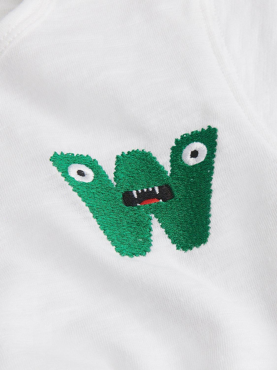 Product image 3 of 4, which shows Whistles Kids' Organic Cotton Monster Embroidered T-Shirt, White, 3-4 years