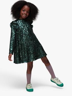 Whistles Kids' Alma Sequin Dress, Dark Green, Dark Green