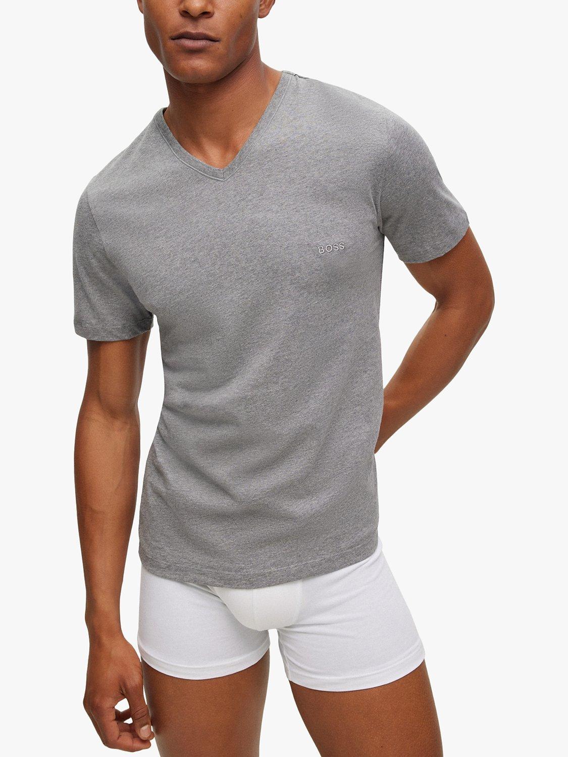 Product image 3 of 5, which shows HUGO BOSS Embroidered Logo Cotton V-neck T-shirt, Pack of 3, White/Grey/Black, S