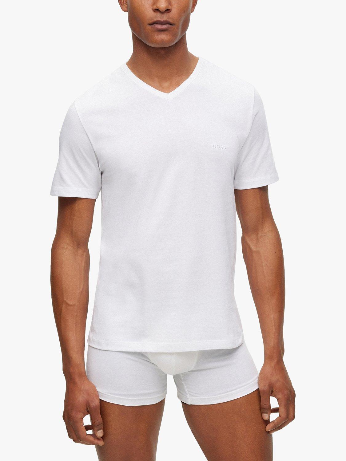 Product image 4 of 5, which shows HUGO BOSS Embroidered Logo Cotton V-neck T-shirt, Pack of 3, White/Grey/Black, S