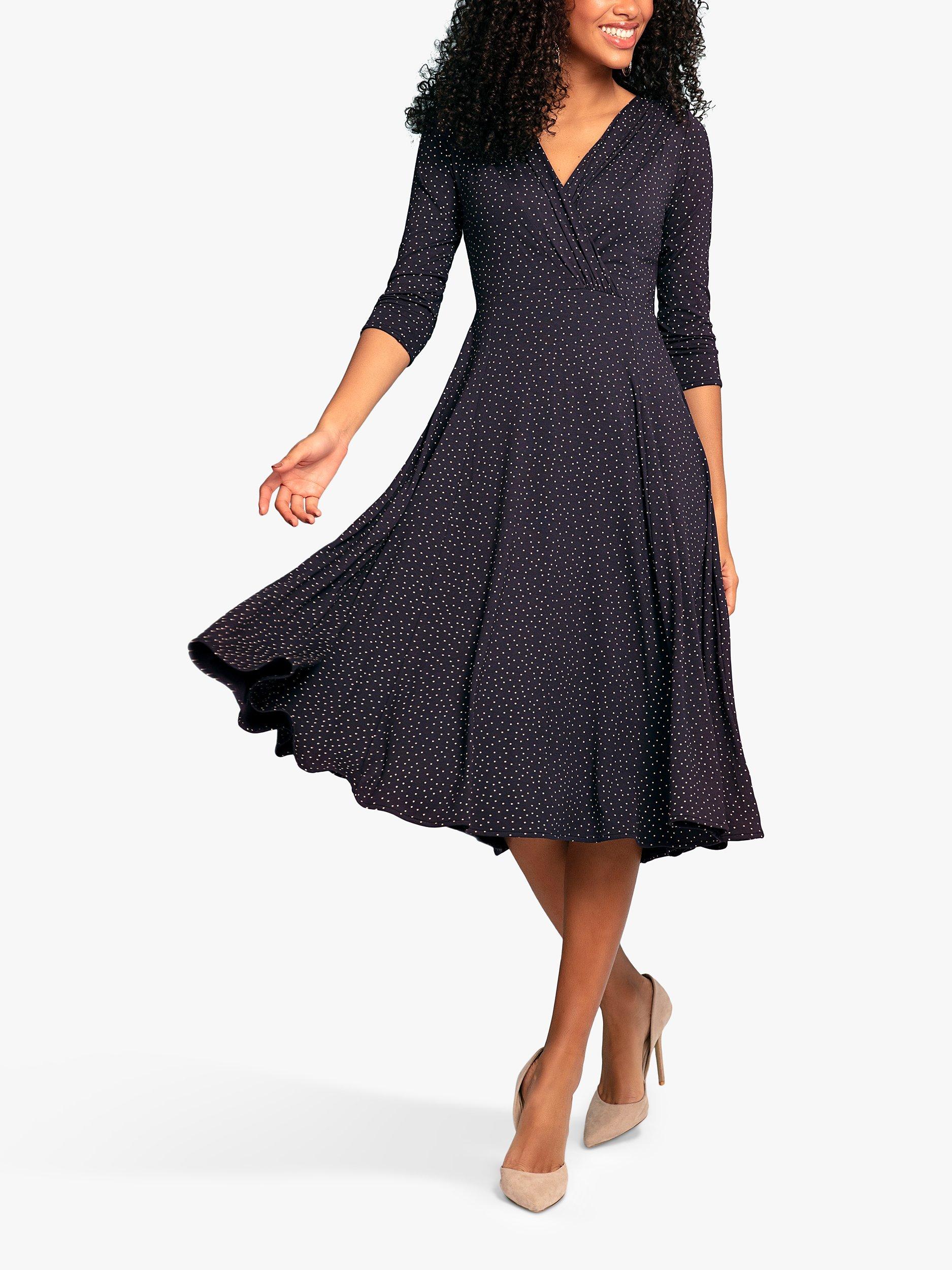 Product image 1 of 6, which shows Alie Street Annie Jersey Midi Dress, Navy Polka Dot, 20-22