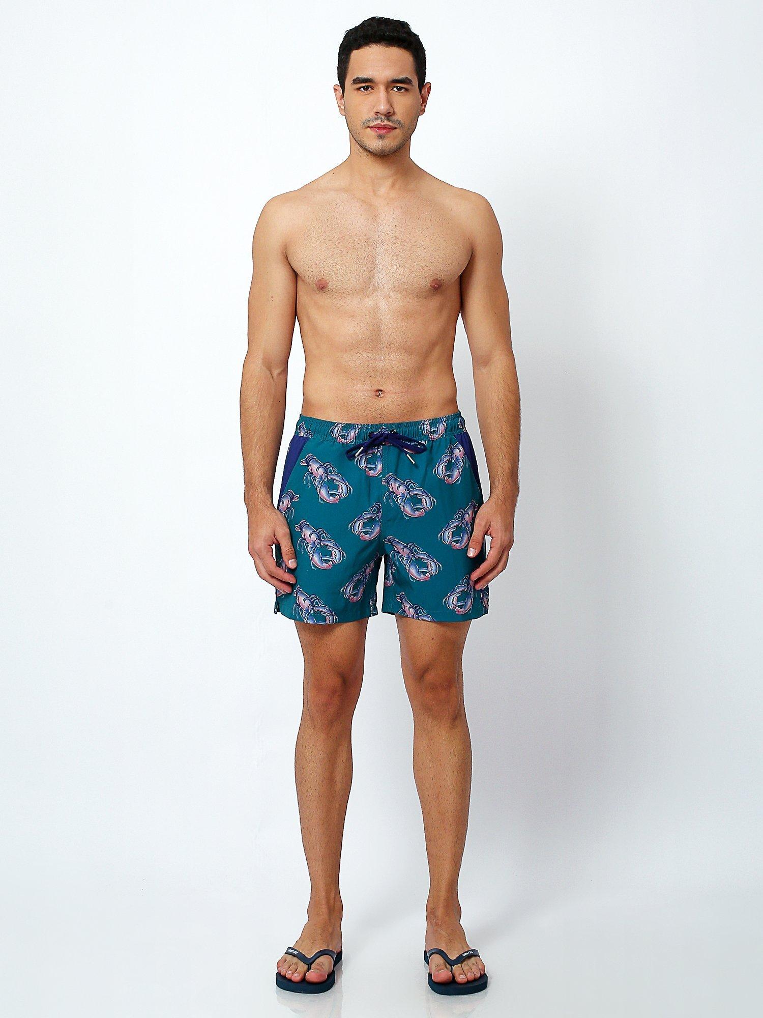 Product image 6 of 9, which shows Randy Cow Lobster Print Swim Shorts with Waterproof Pocket, Green, XXL