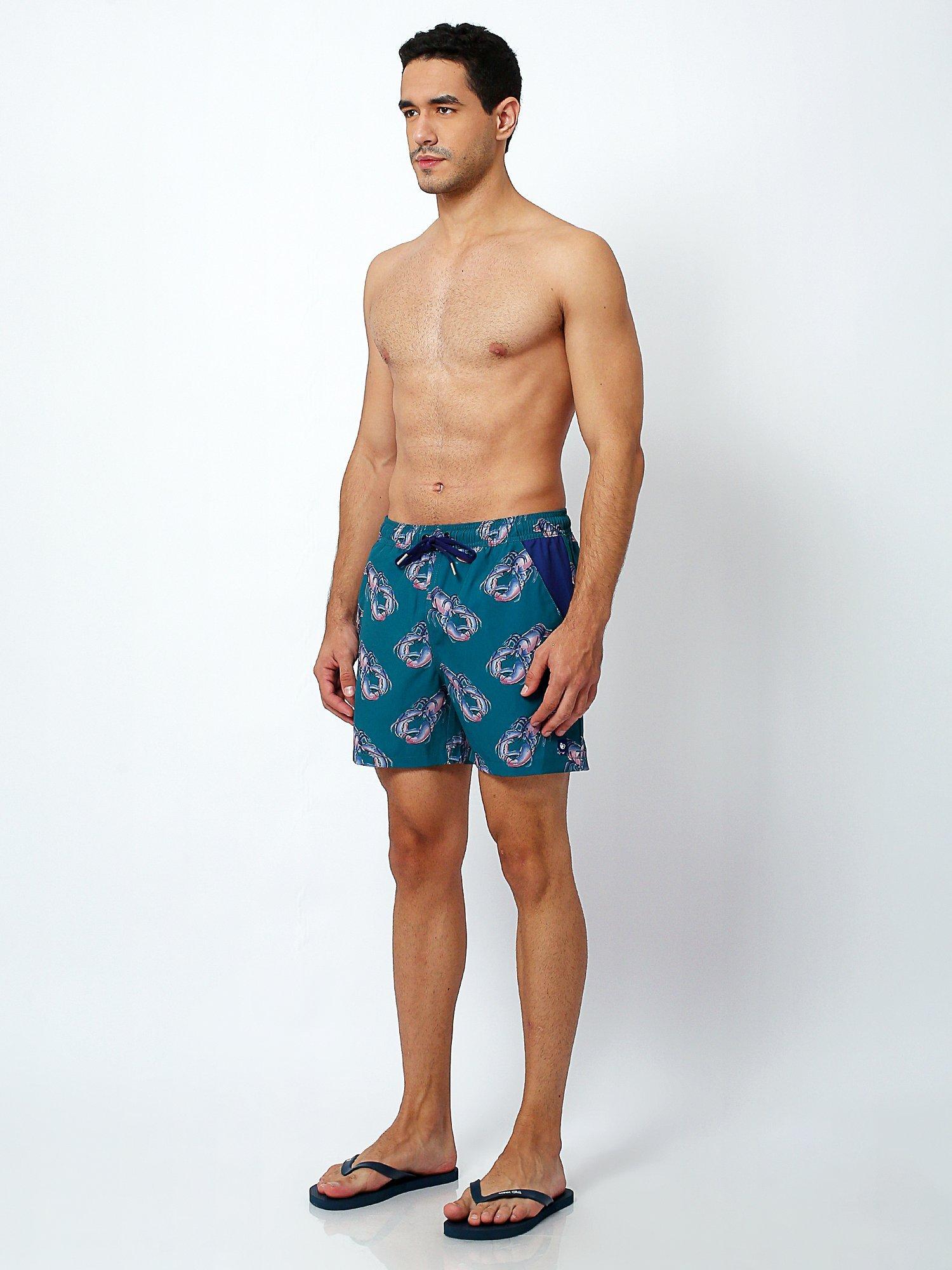 Product image 7 of 9, which shows Randy Cow Lobster Print Swim Shorts with Waterproof Pocket, Green, XXL