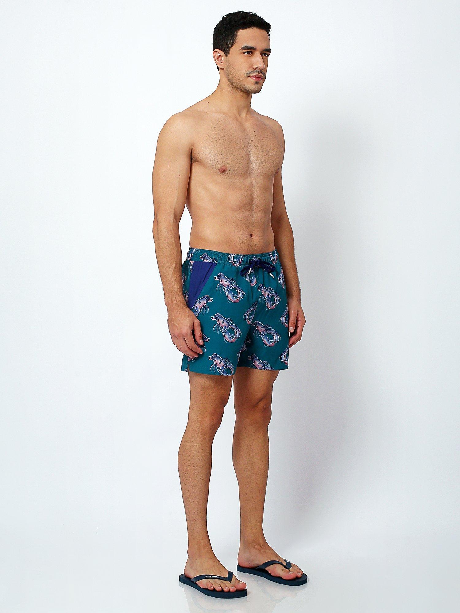 Product image 8 of 9, which shows Randy Cow Lobster Print Swim Shorts with Waterproof Pocket, Green, XXL