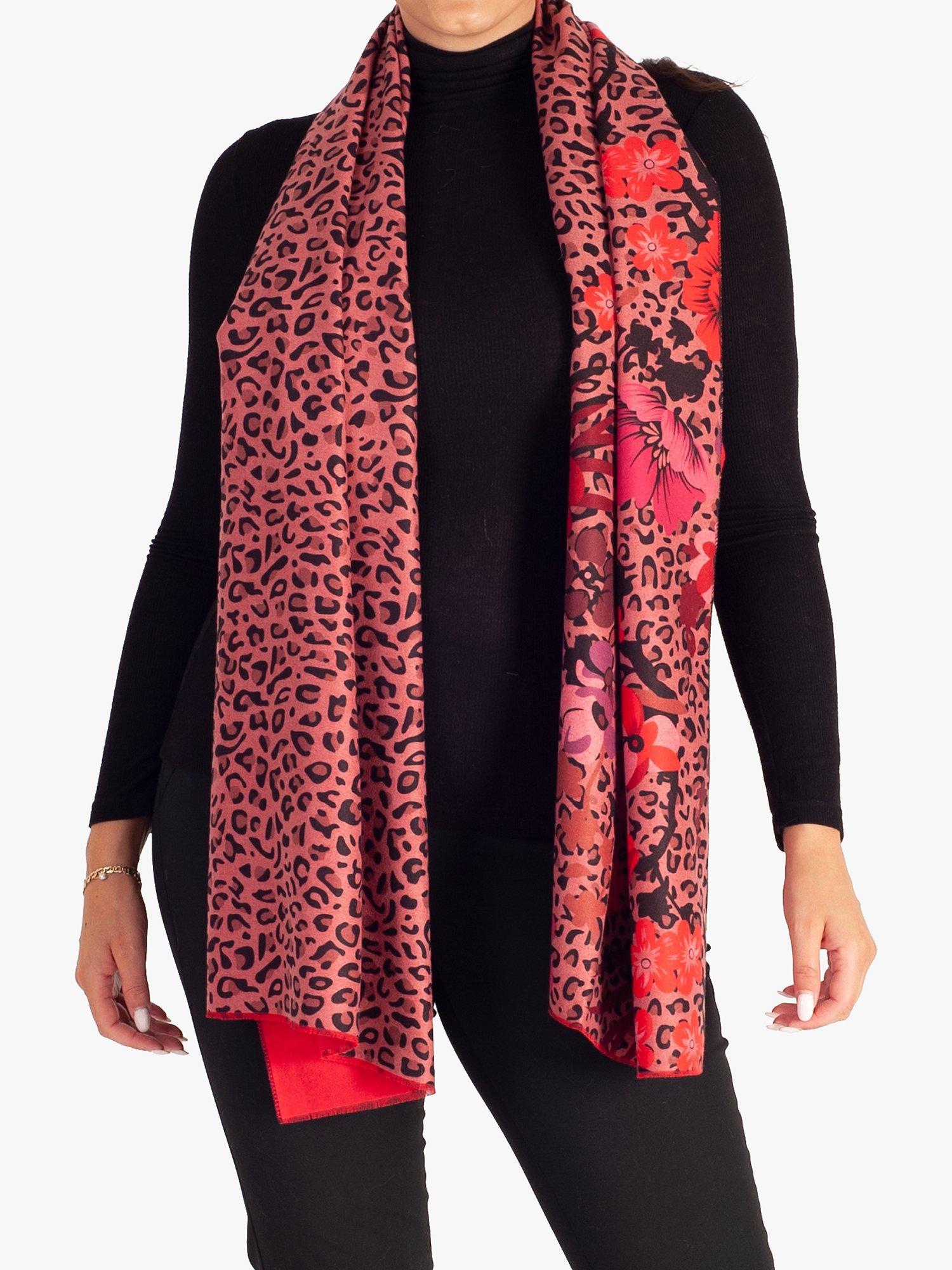 chesca Leopard and Floral Print Scarf, Red, One Size