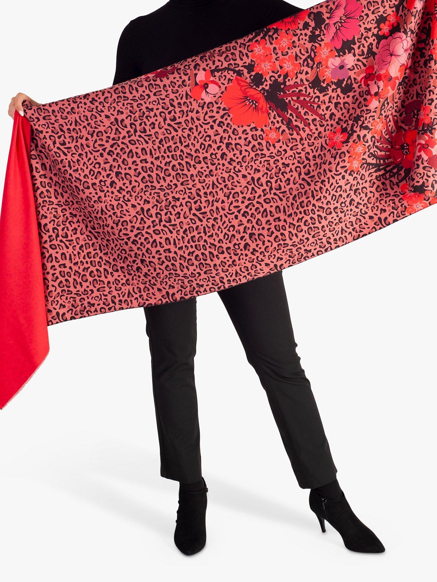 chesca Leopard and Floral Print Scarf, Red, One Size