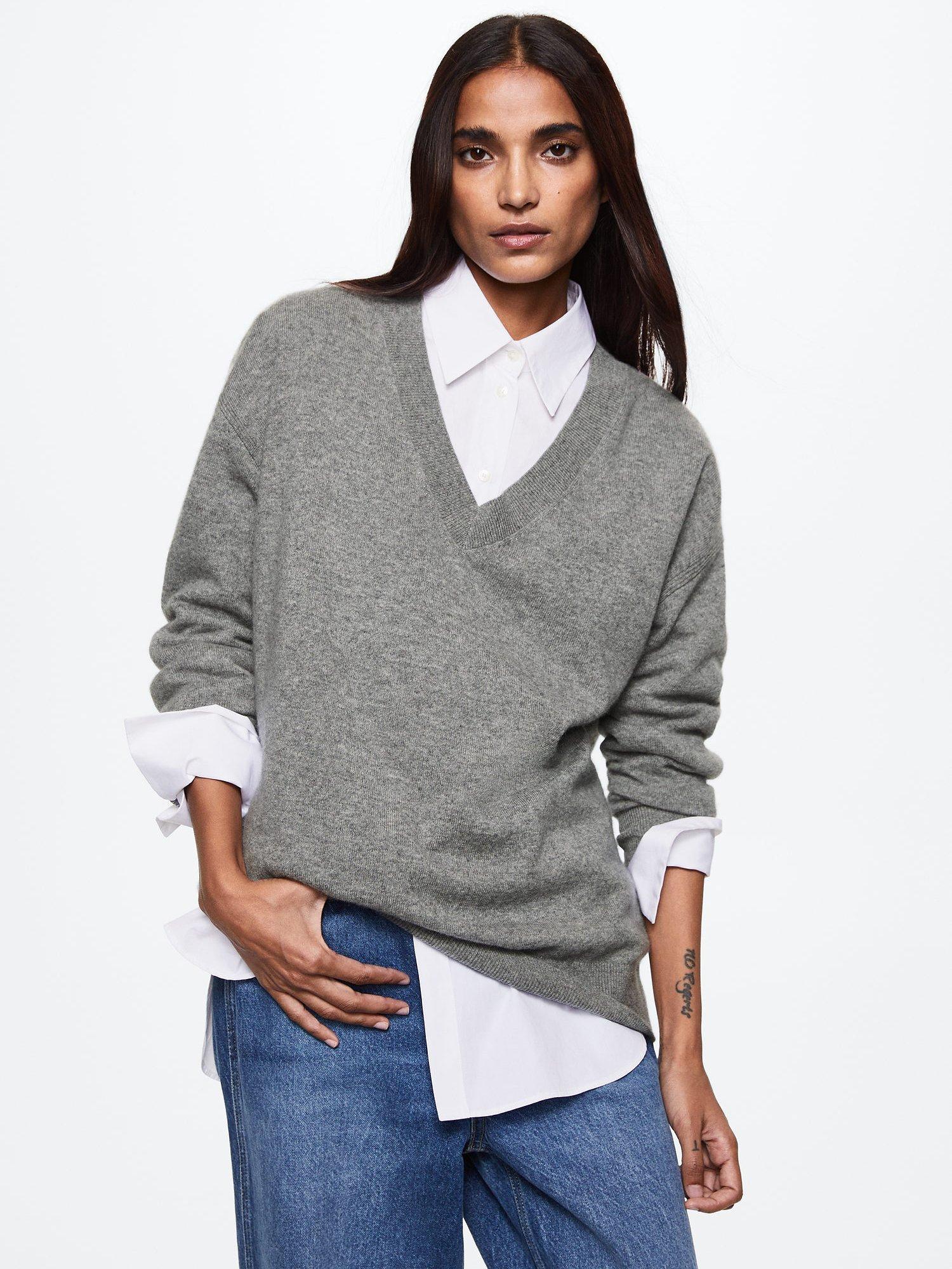 Mango Bahiav Cashmere V-Neck Jumper, Grey, L