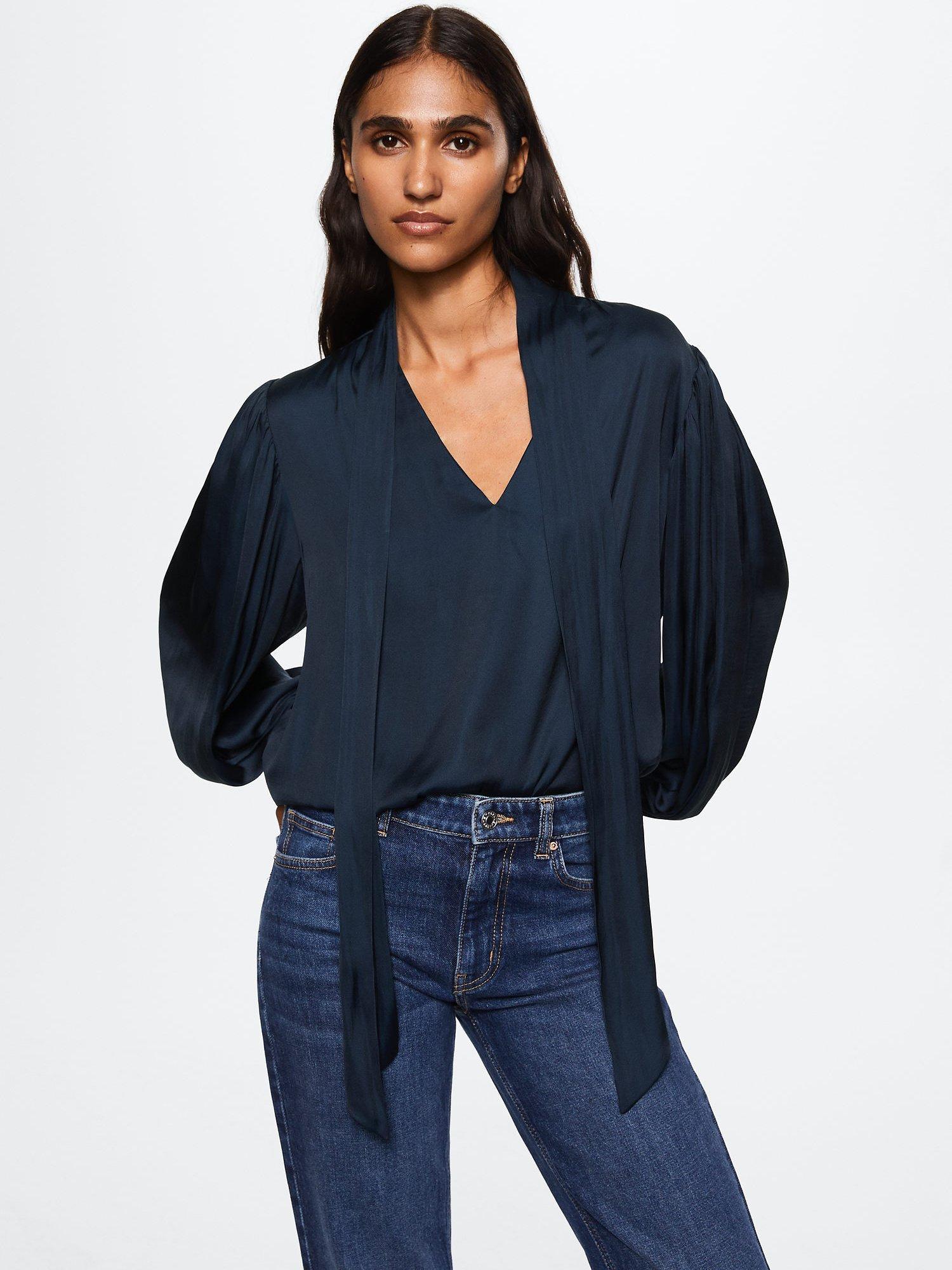 Mango Aire Tie Neck Blouse, Navy