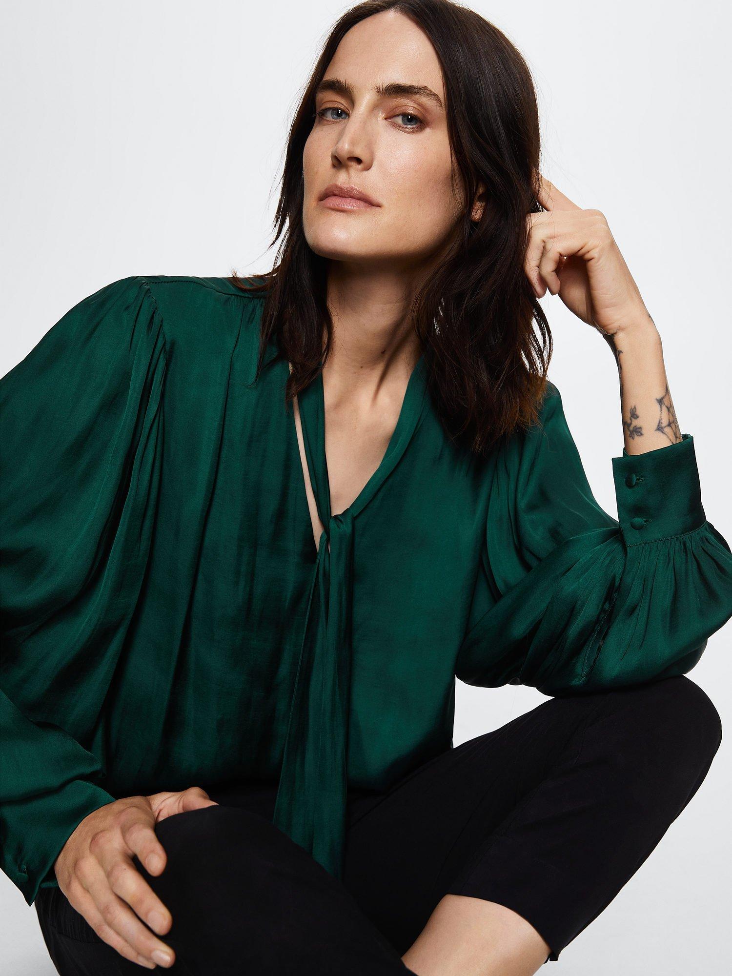 Mango Aire Tie Neck Blouse, Green