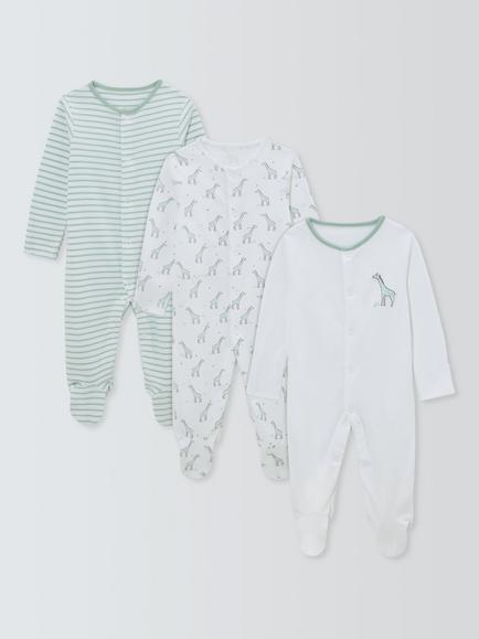 John Lewis Baby Giraffe & Stripe Sleepsuit, Pack of 3, Multi, Multi
