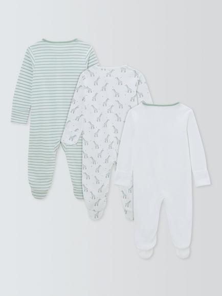 John Lewis Baby Giraffe & Stripe Sleepsuit, Pack of 3, Multi - view 2, Multi
