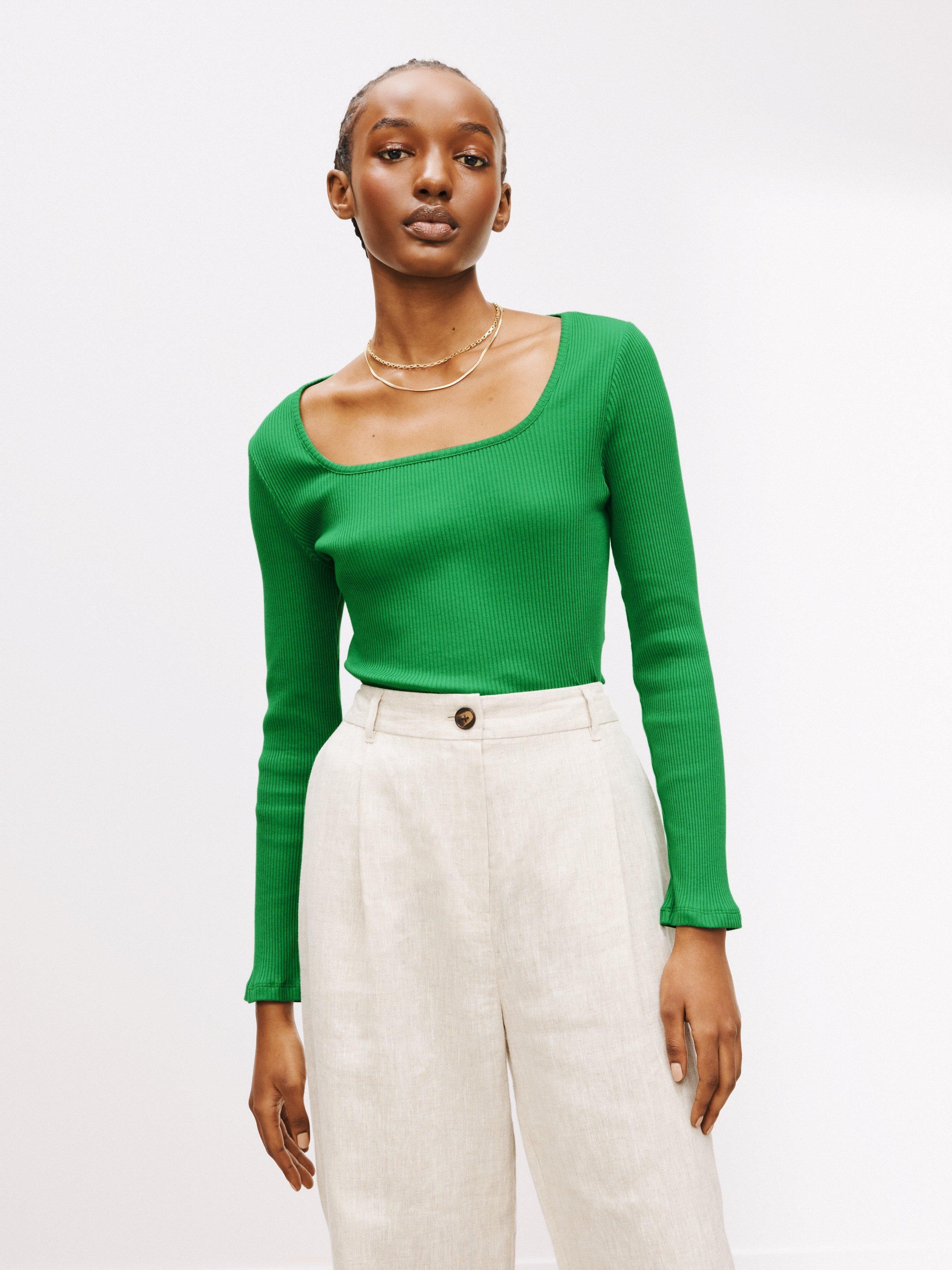 John Lewis Rib Square Neck Jersey Top, Green, 8