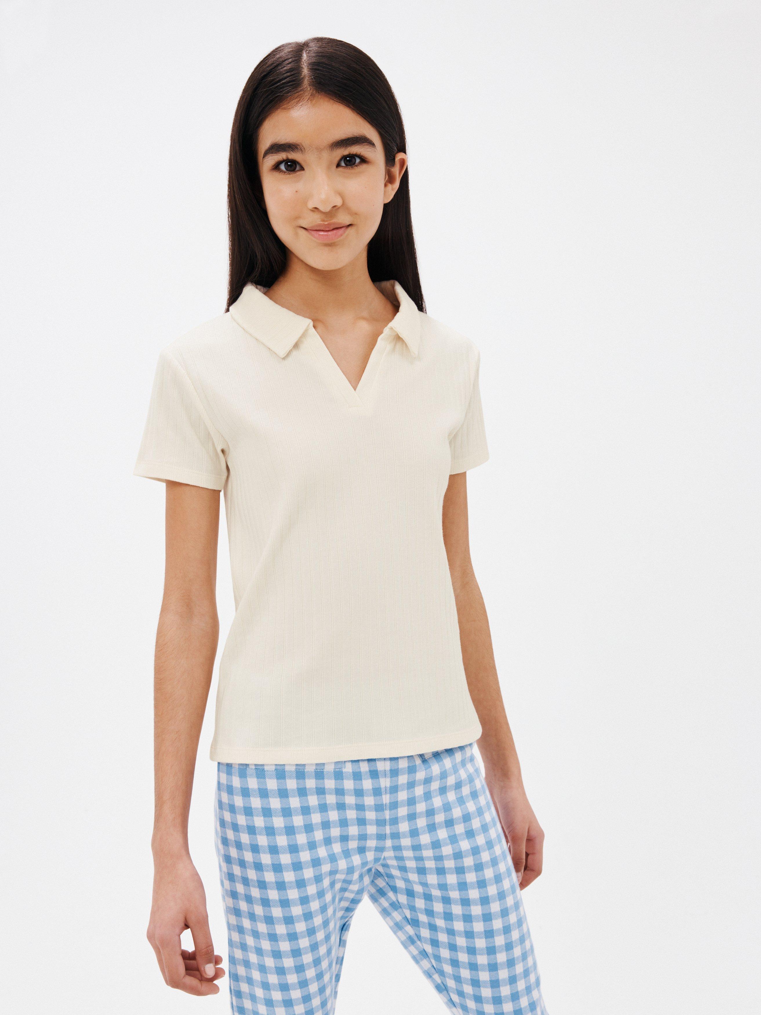 John Lewis Kids' Ribbed Short Sleeve Polo Top, Gardenia