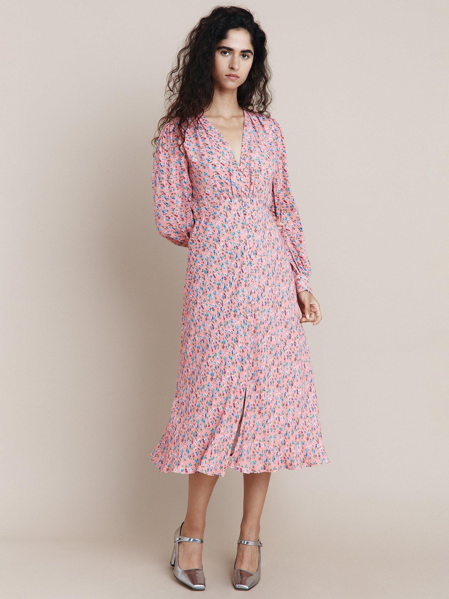 Ghost Alivia Floral Print Satin Midi Dress Dusty Pink L