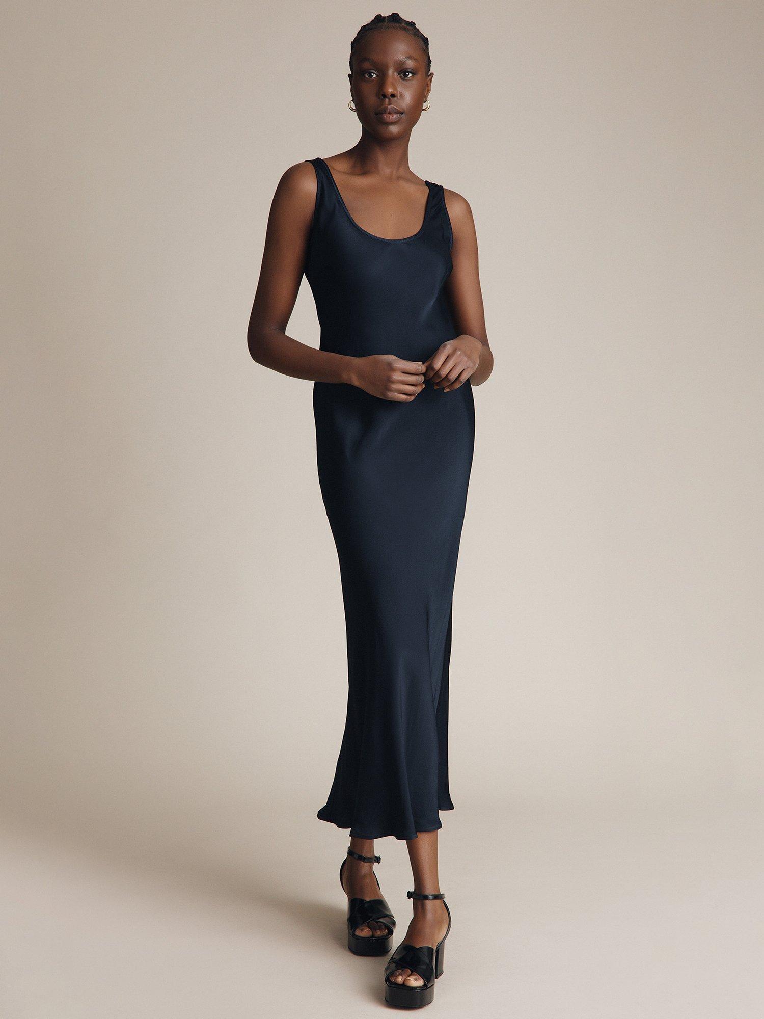 Ghost Palm Bias Cut Satin Slip Dress, Navy