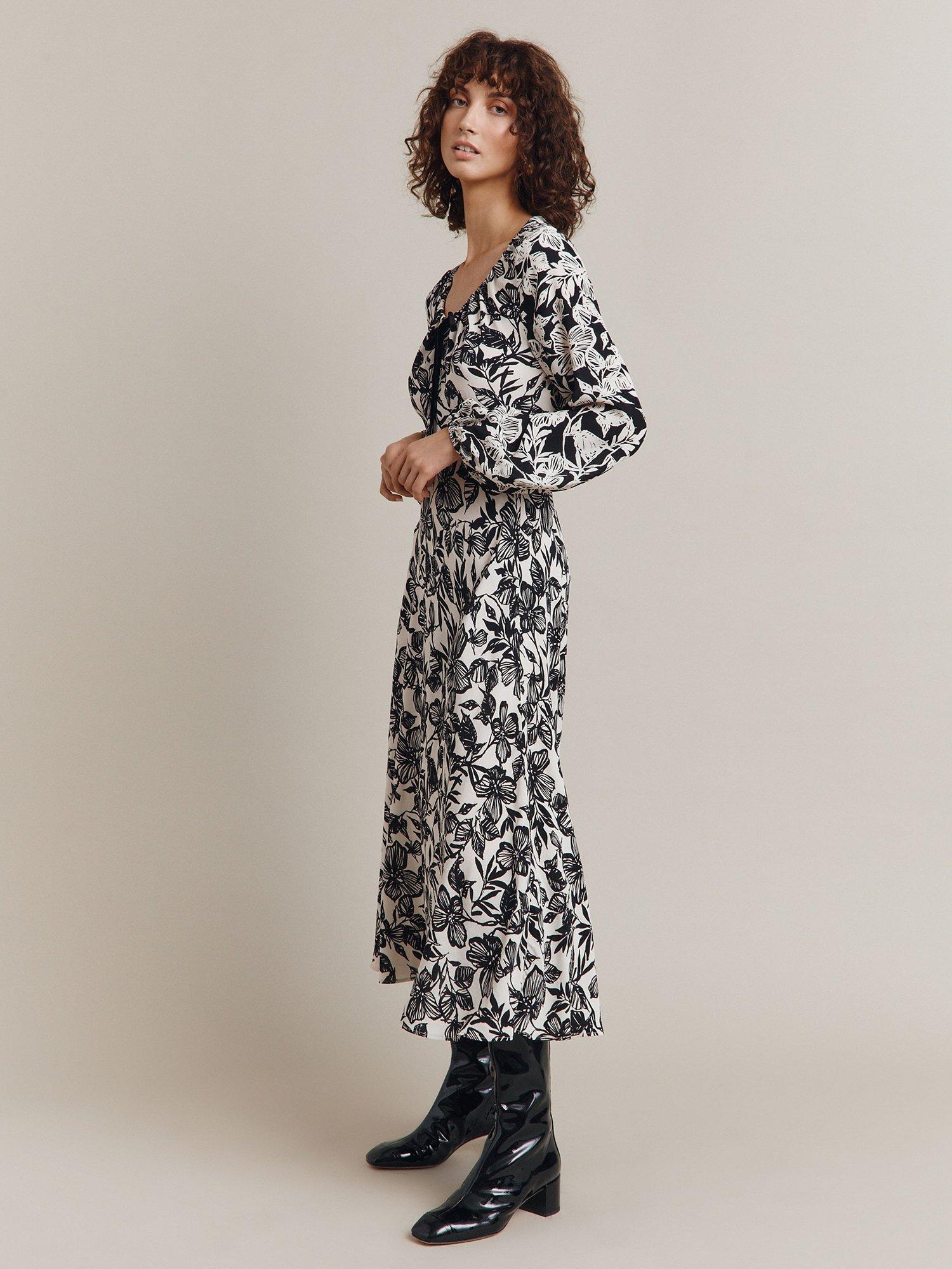 Ghost Belle Floral Print Crepe Georgette Midi Dress, Black/Stone