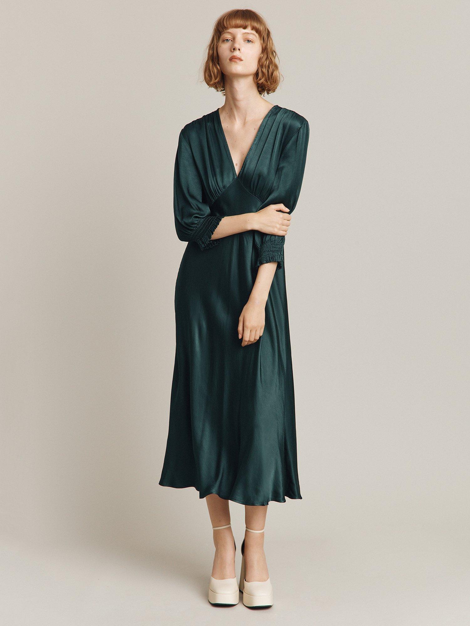 Ghost Elle Satin Midi Dress, Dark Green