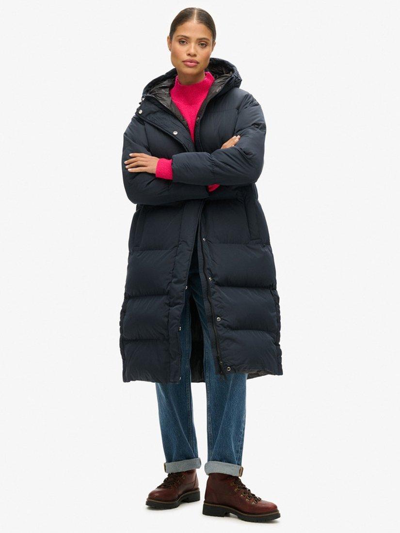 Product image 1 of 6, which shows Superdry Hooded Longline Puffer Coat, Eclipse Navy, 8