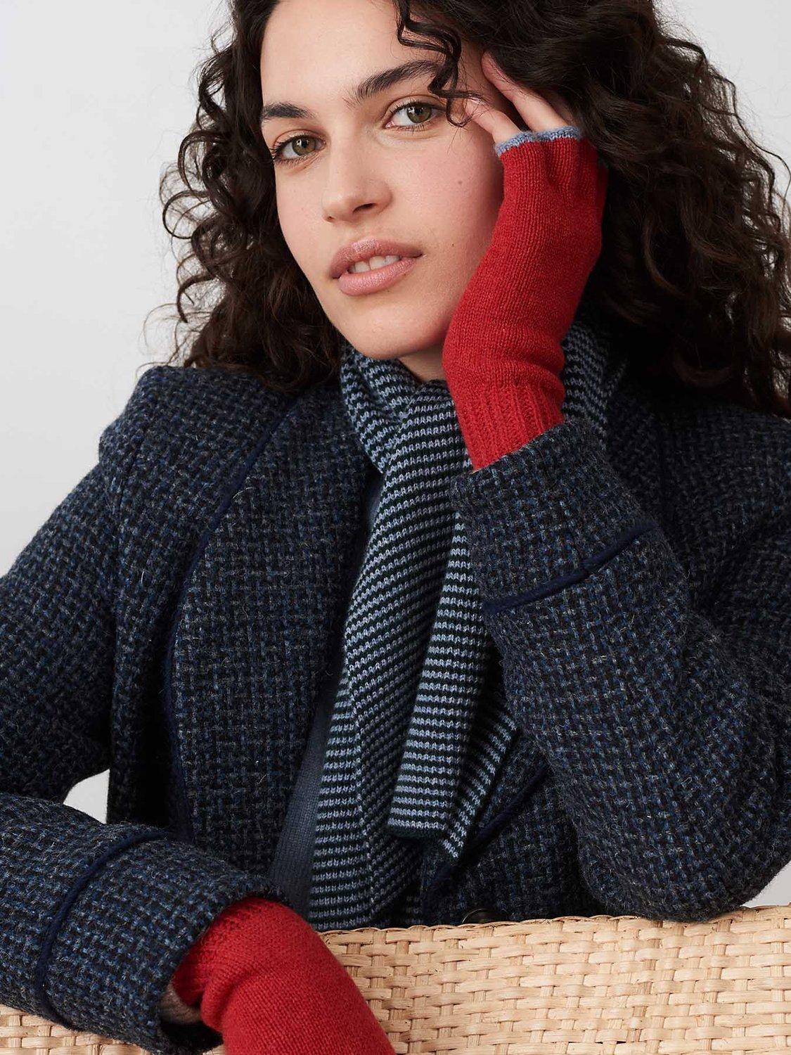 Brora Cashmere Fingerless Gloves, Flame & Periwinkle, One Size