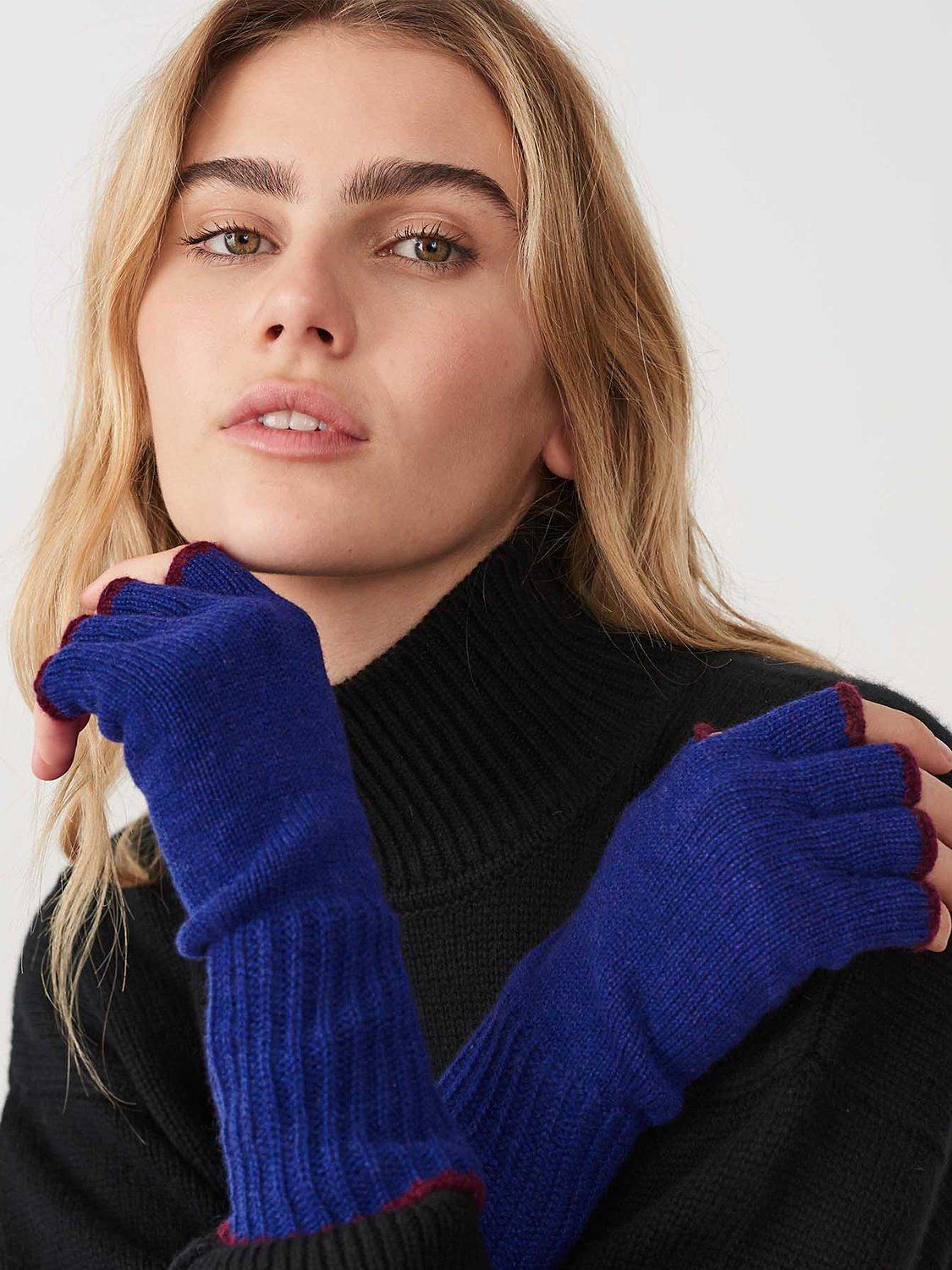 Brora Cashmere Fingerless Gloves, Cobalt & Berry, One Size
