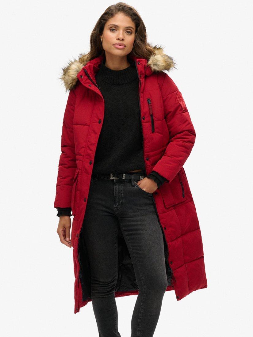 Superdry Original Vintage Everest Long Line Faux Fur Parka Jacket Red