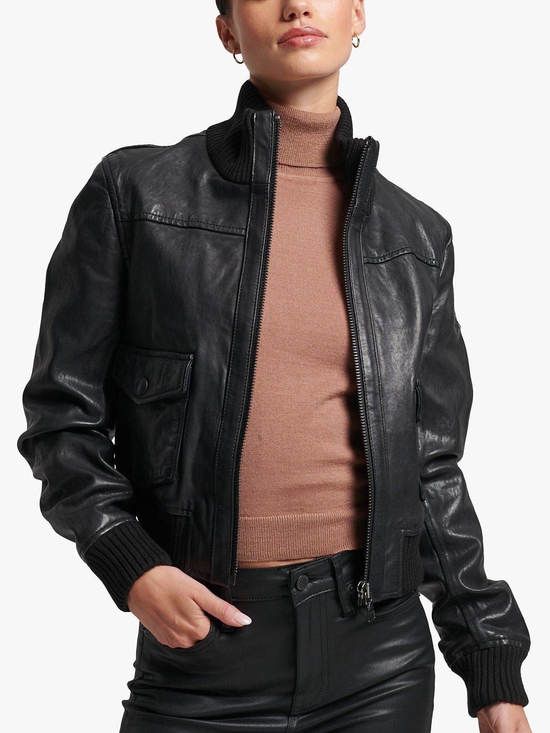 Superdry Zip Collar Leather Bomber Jacket, Black
