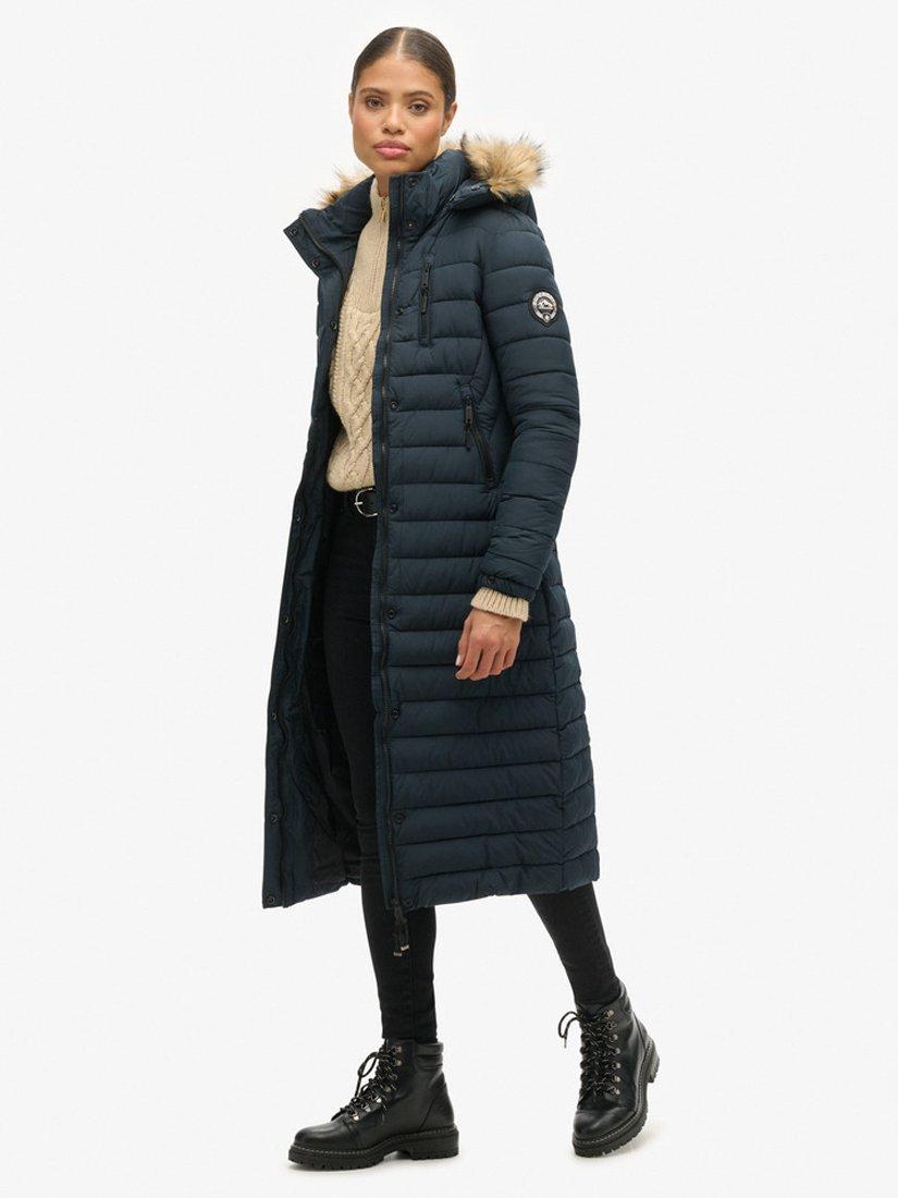 Product image 3 of 6, which shows Superdry Longline Faux Fur Hooded Puffer Jacket, Eclipse Navy, 8