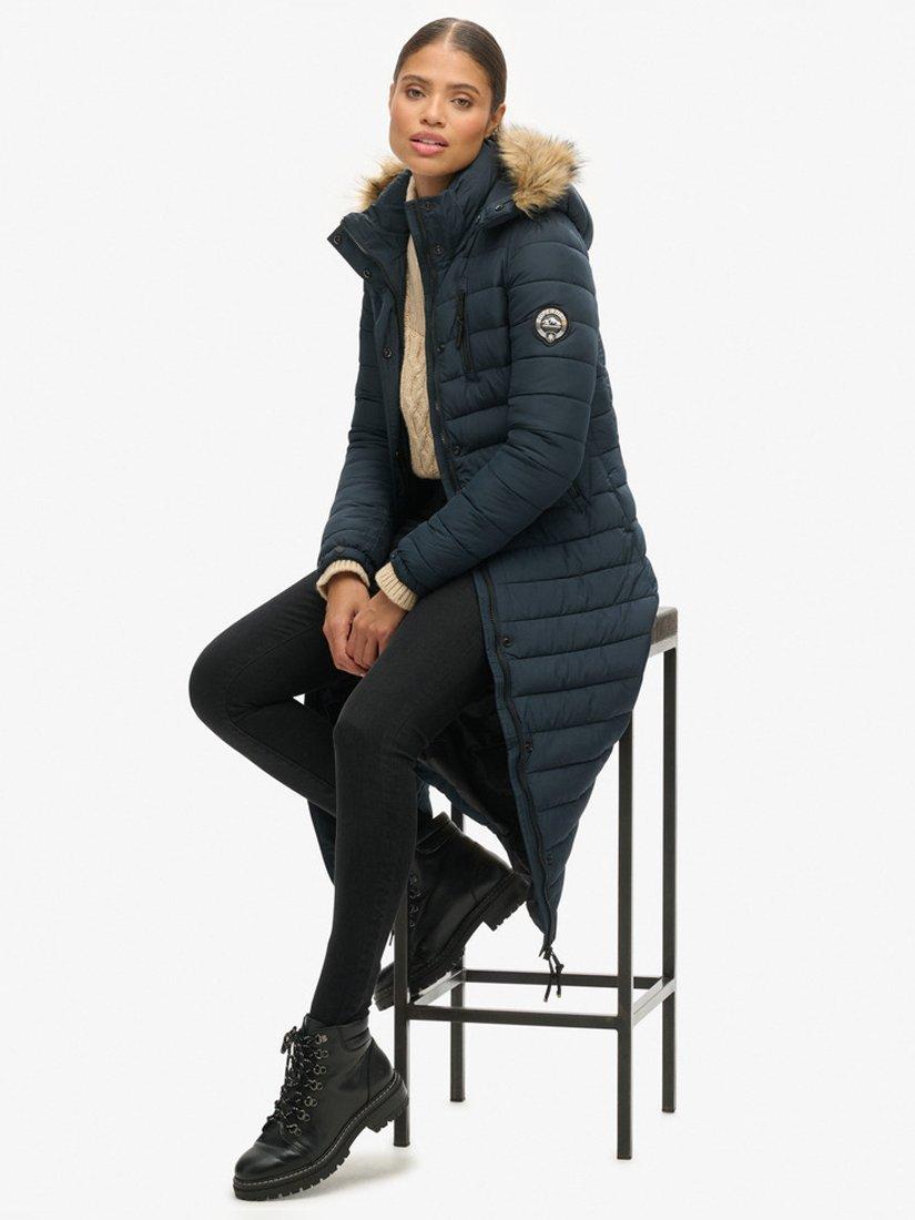 Product image 5 of 6, which shows Superdry Longline Faux Fur Hooded Puffer Jacket, Eclipse Navy, 8