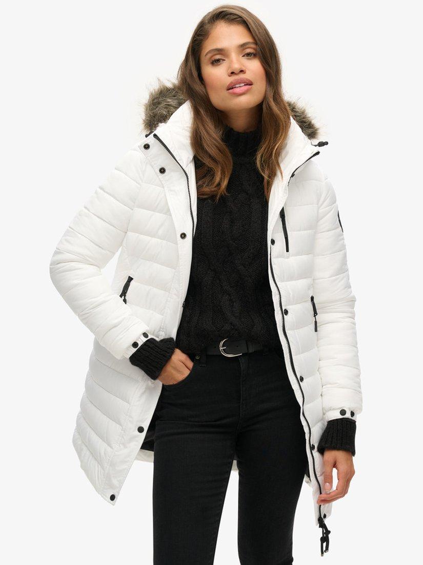 Superdry Faux Fur Hooded Mid Length Puffer Jacket White