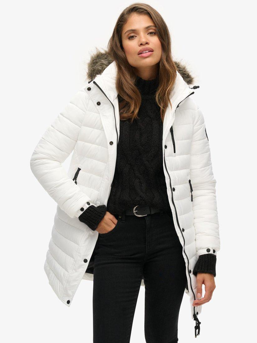 Superdry Faux Fur Hooded Mid Length Puffer Jacket White