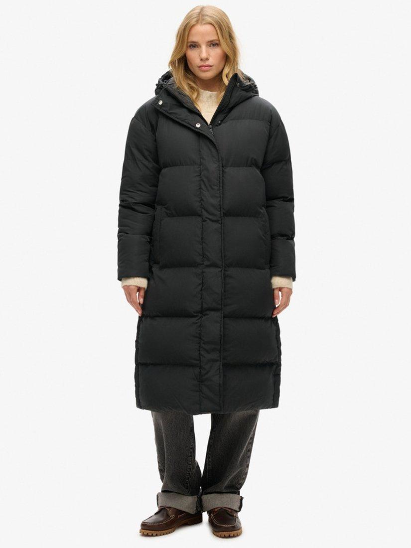 Product image 2 of 6, which shows Superdry Hooded Longline Puffer Coat, Black, 8