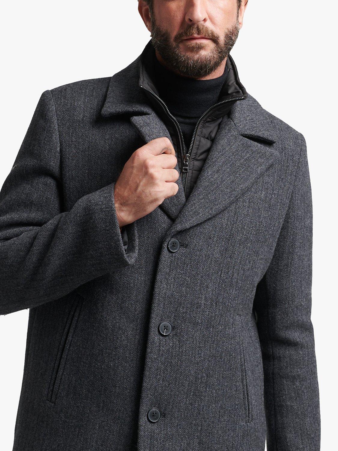 Superdry Detachable Lining Short Wool Coat, Charcoal Herringbone