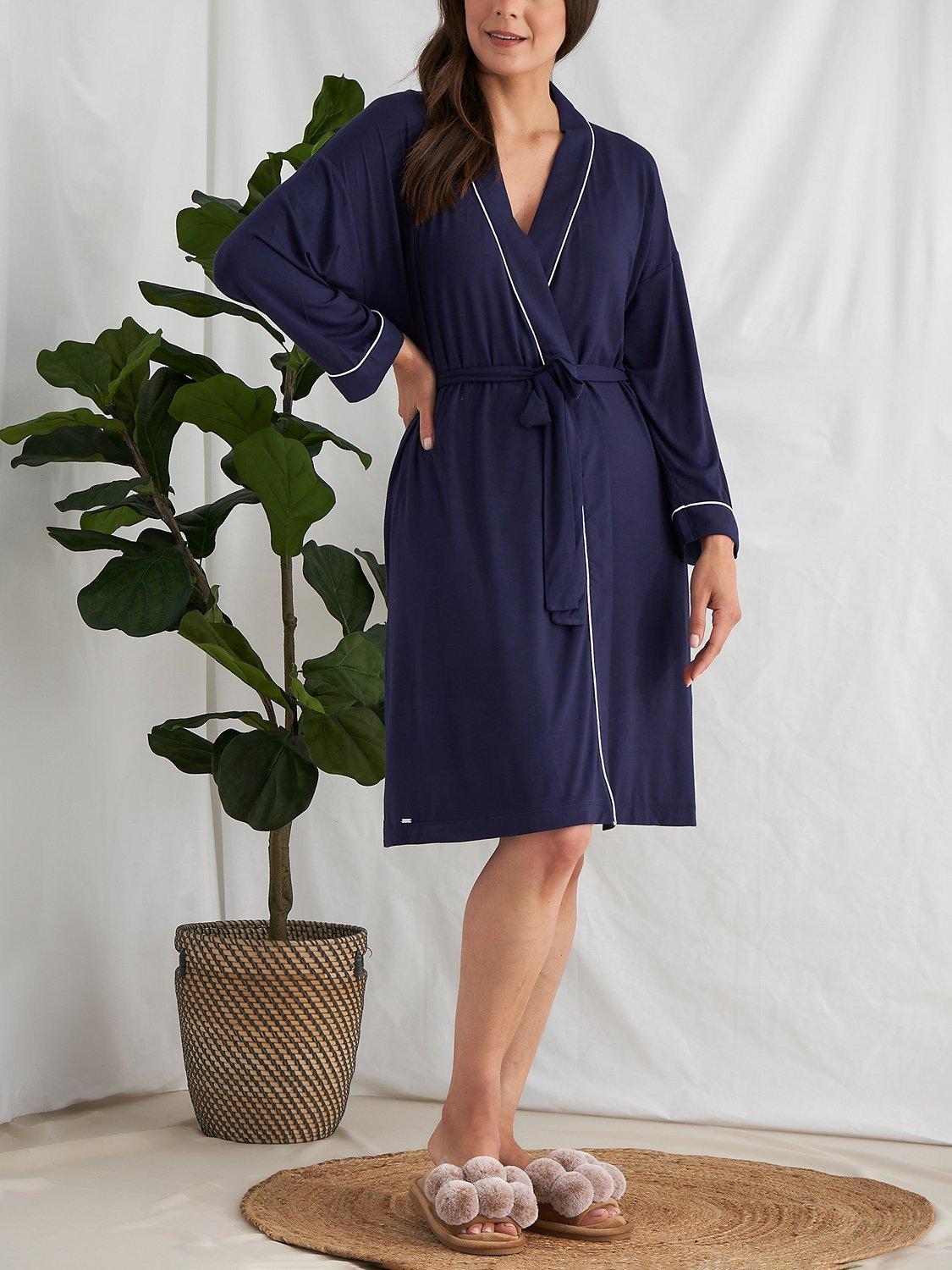 Product image 1 of 3, which shows Pretty You London Piping Trim Kimono Sleeve Bamboo Dressing Gown, Midnight, S-M