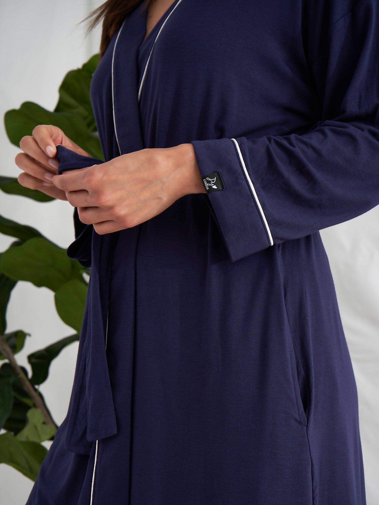 Product image 2 of 3, which shows Pretty You London Piping Trim Kimono Sleeve Bamboo Dressing Gown, Midnight, S-M