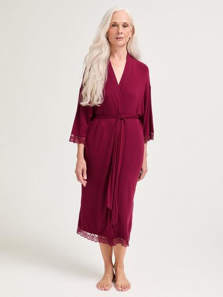 Pretty You London Bamboo Lace Kimono Robe, Bordeaux