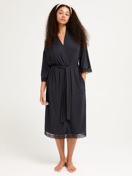 Pretty You London Bamboo Lace Kimono Robe, Raven