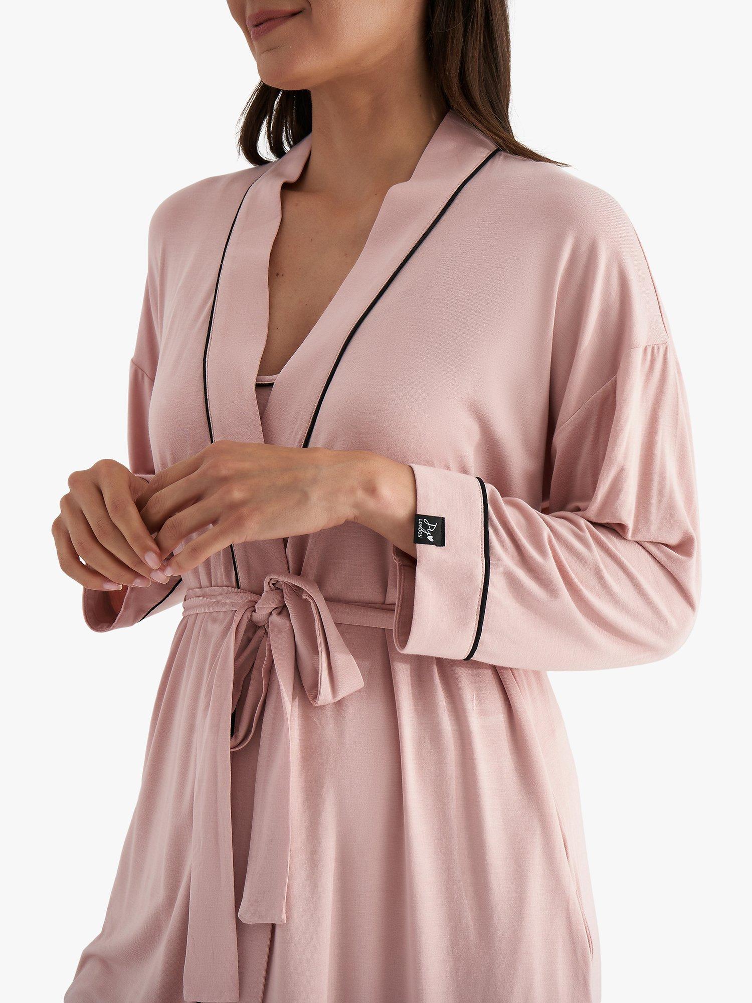 Product image 2 of 4, which shows Pretty You London Piping Trim Kimono Sleeve Bamboo Dressing Gown, Pink, L-XL