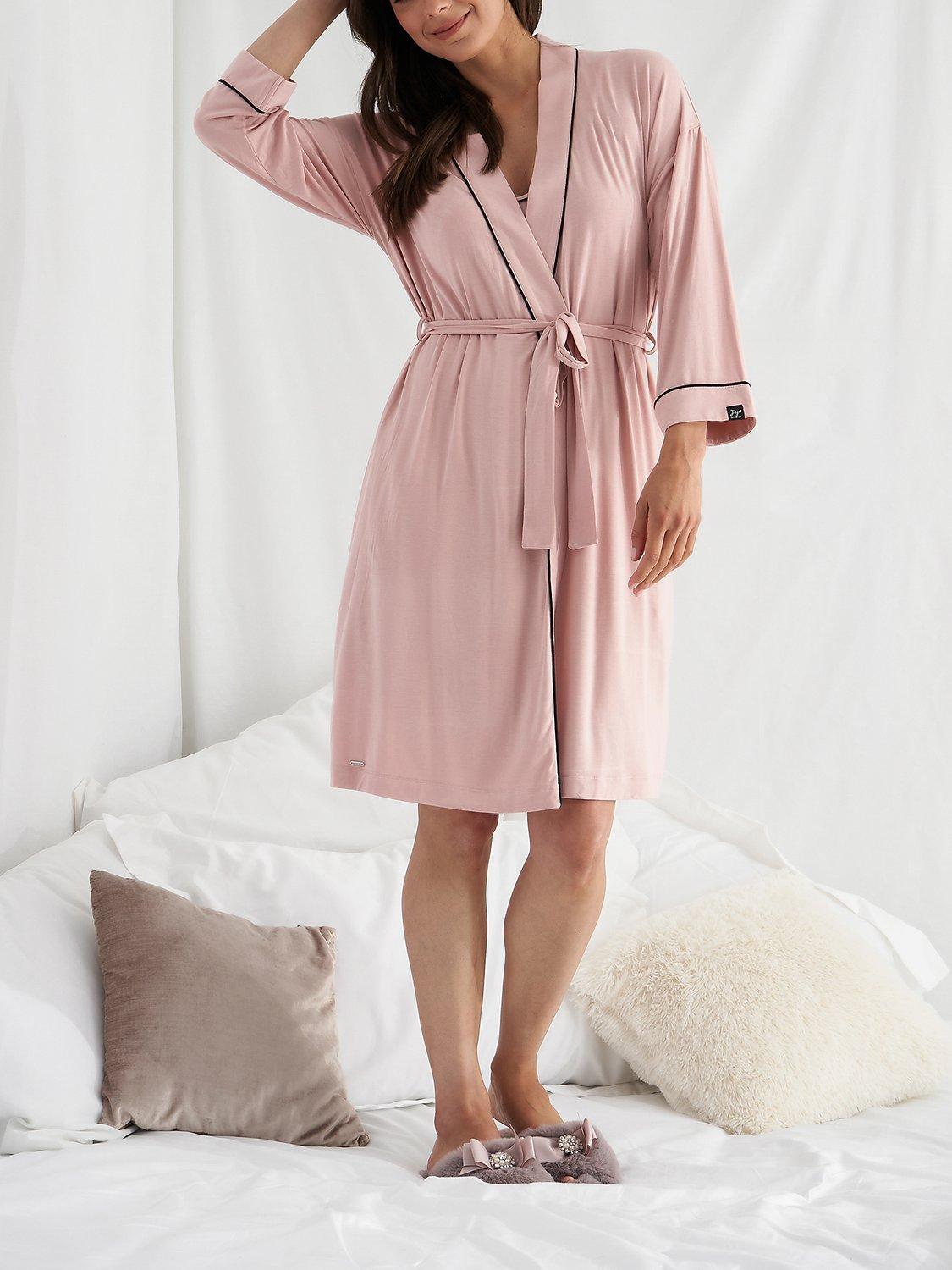 Product image 4 of 4, which shows Pretty You London Piping Trim Kimono Sleeve Bamboo Dressing Gown, Pink, L-XL
