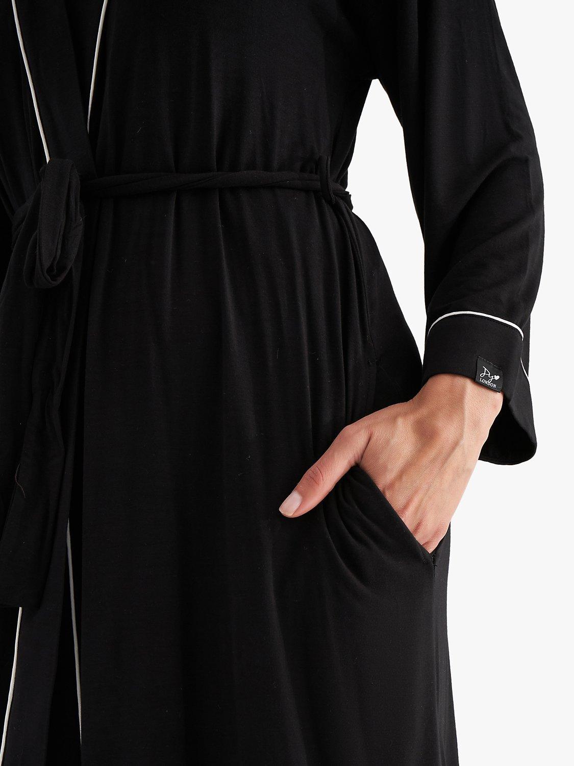 Product image 2 of 3, which shows Pretty You London Piping Trim Kimono Sleeve Bamboo Dressing Gown, Black, M-L