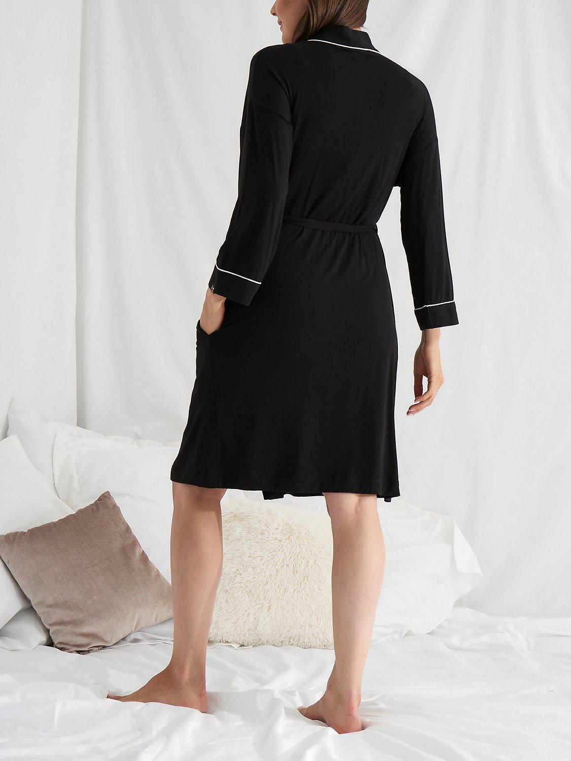 Product image 3 of 3, which shows Pretty You London Piping Trim Kimono Sleeve Bamboo Dressing Gown, Black, M-L