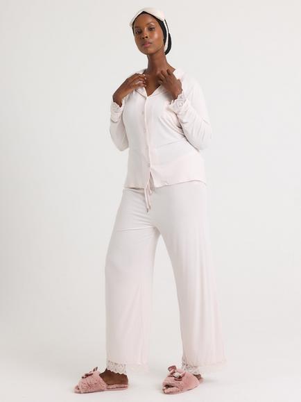 Pretty You London Plain Lace Bamboo Shirt Pyjama Set, Powder Puff