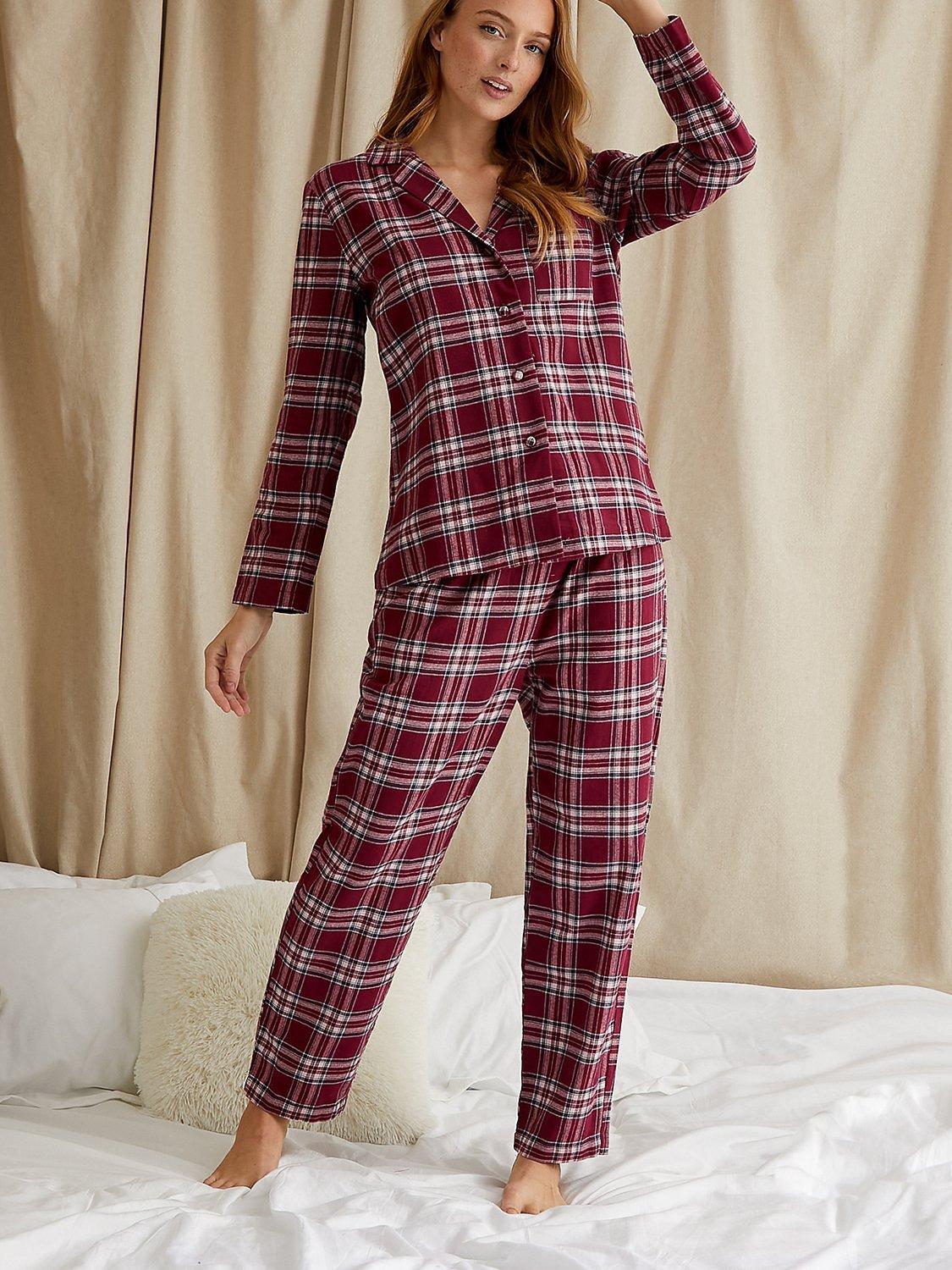 Pretty You London Plaid Brushed Cotton Pyjama Set, Bordeaux, 10-12