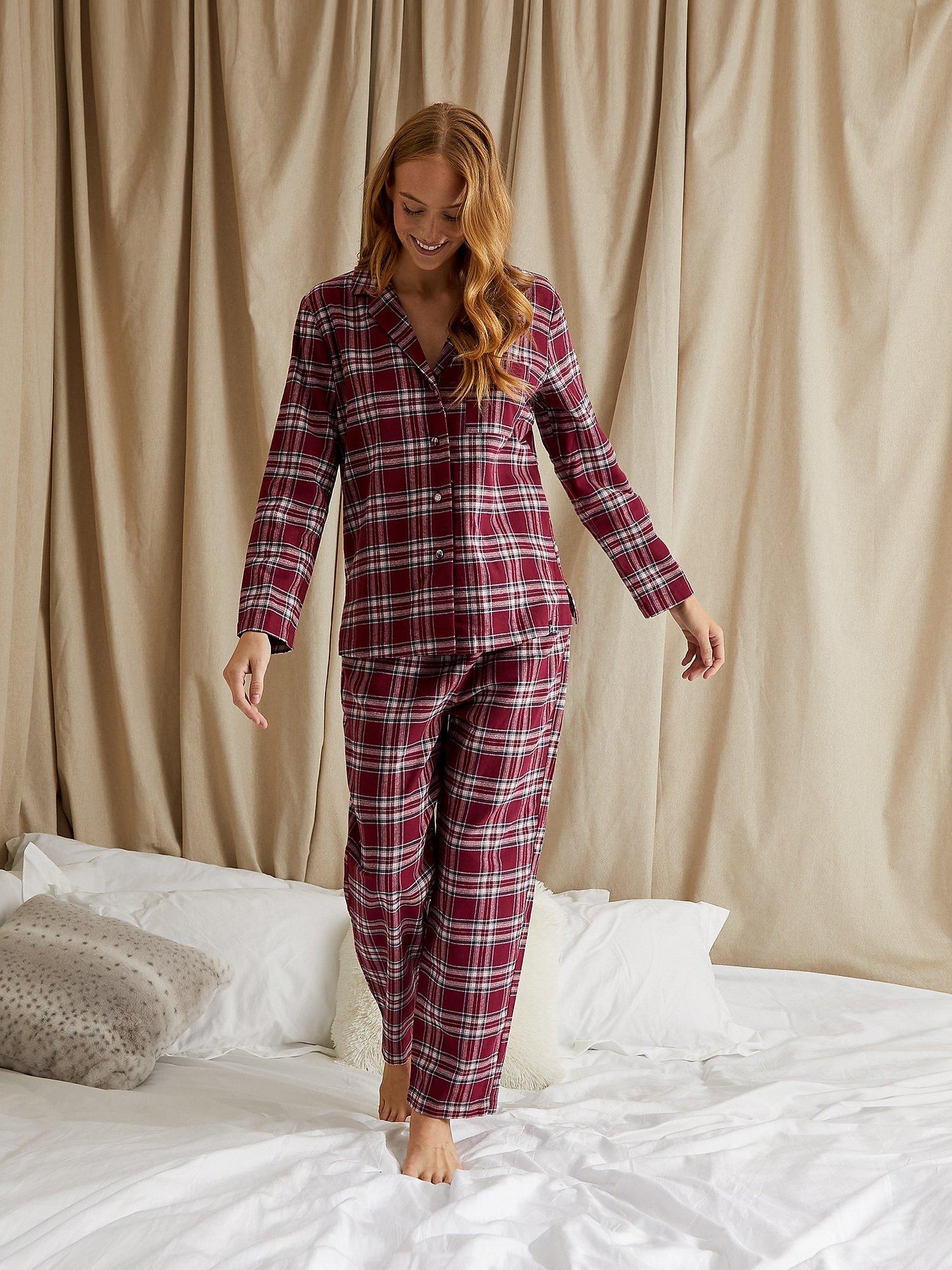 Pretty You London Plaid Brushed Cotton Pyjama Set, Bordeaux, 10-12