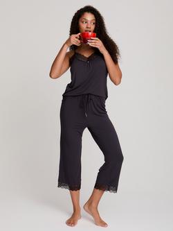 Pretty You London Bamboo Lace Cami Cropped Trouser Pyjama Set, Raven